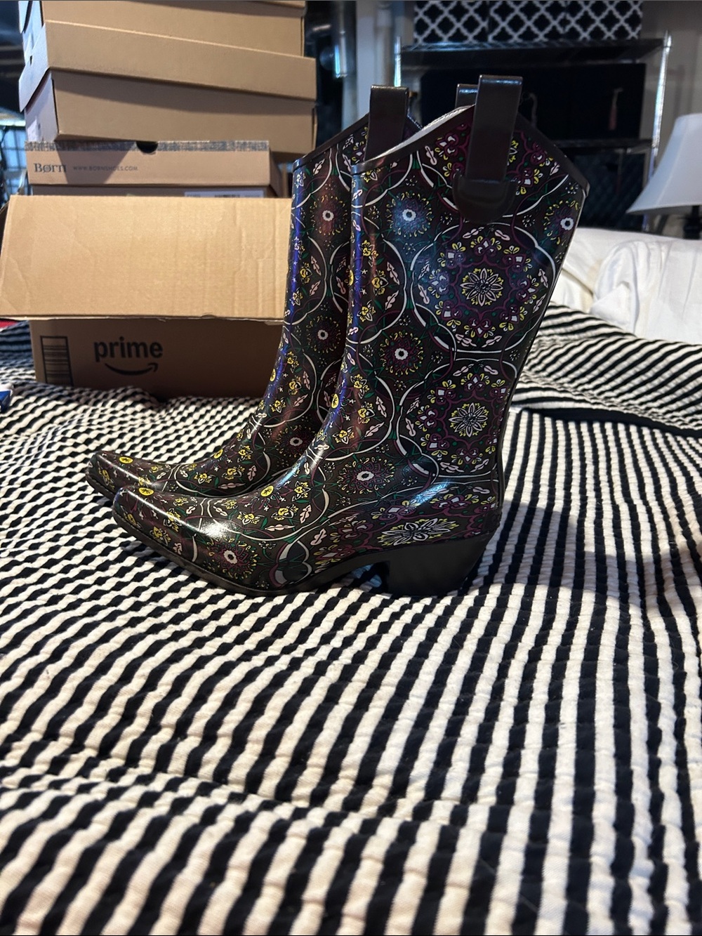 Nomad Black Floral-Print Mid-Calf Rain Boots